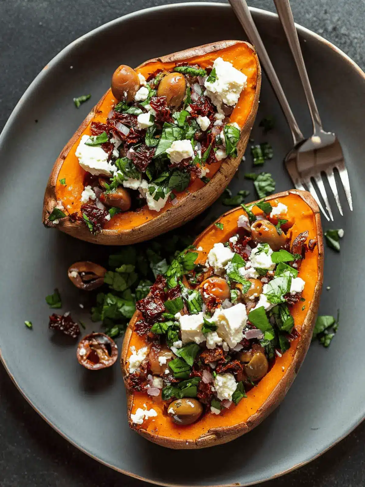 Mediterranean Baked Sweet Potatoes with Feta, Olives and Sundried Tomatoes