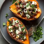 Mediterranean Baked Sweet Potatoes with Feta, Olives and Sundried Tomatoes