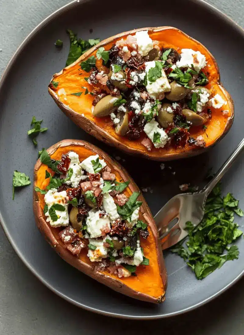Mediterranean Baked Sweet Potatoes with Feta, Olives and Sundried Tomatoes