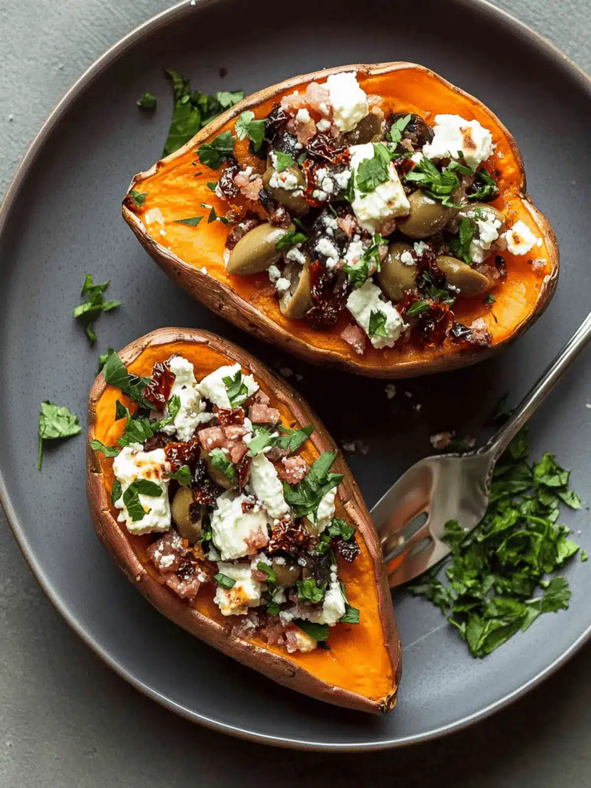 Mediterranean Baked Sweet Potatoes with Feta, Olives and Sundried Tomatoes