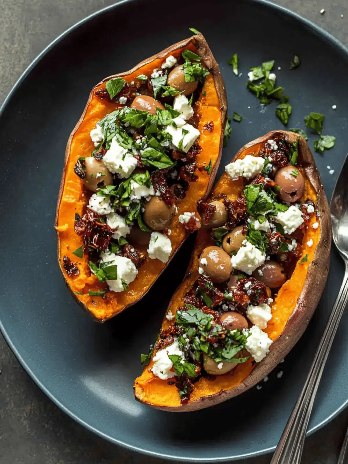 Mediterranean Baked Sweet Potatoes with Feta, Olives and Sundried Tomatoes
