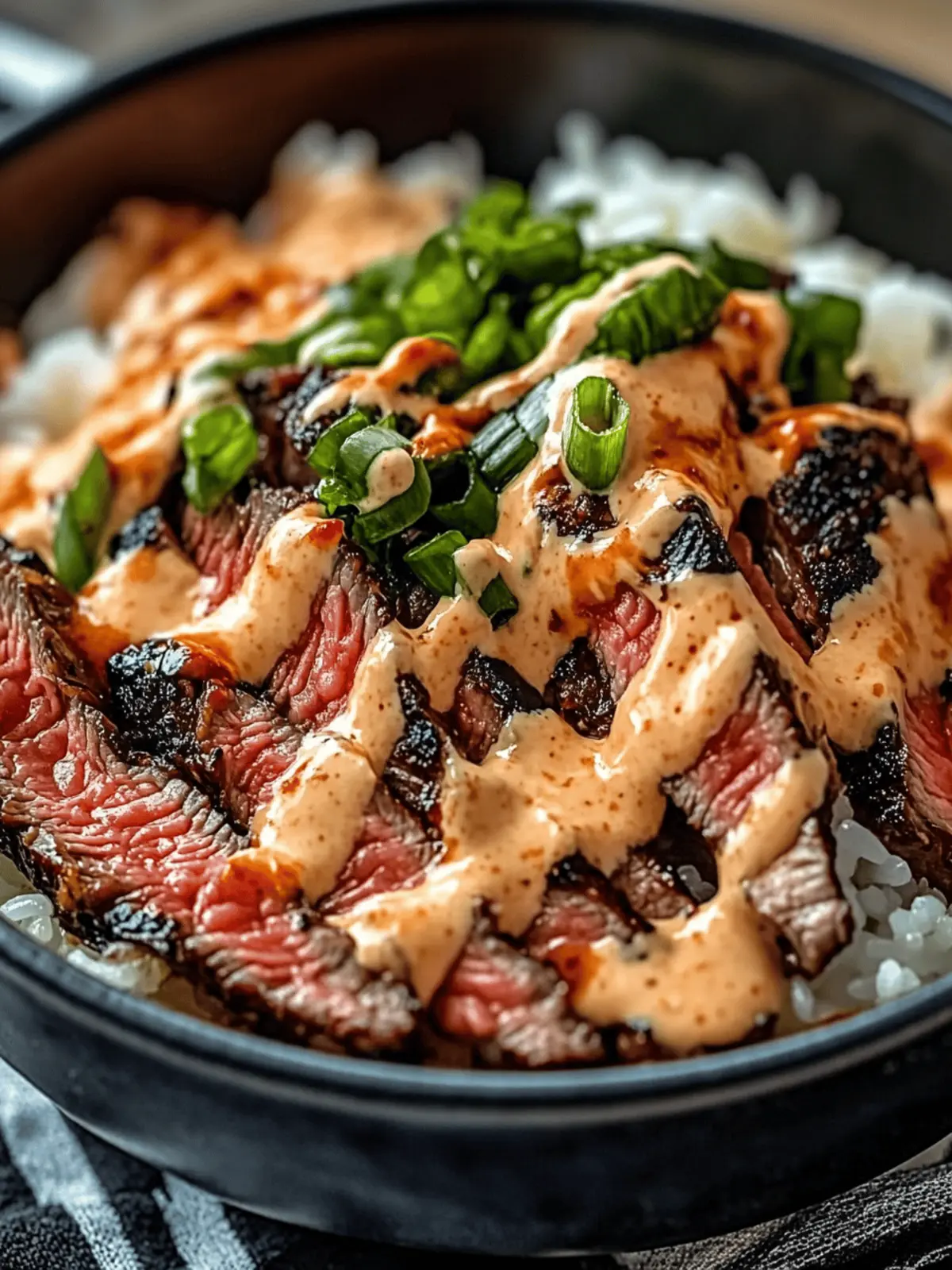 Korean BBQ Steak Rice Bowls with Spicy Cream Sauce