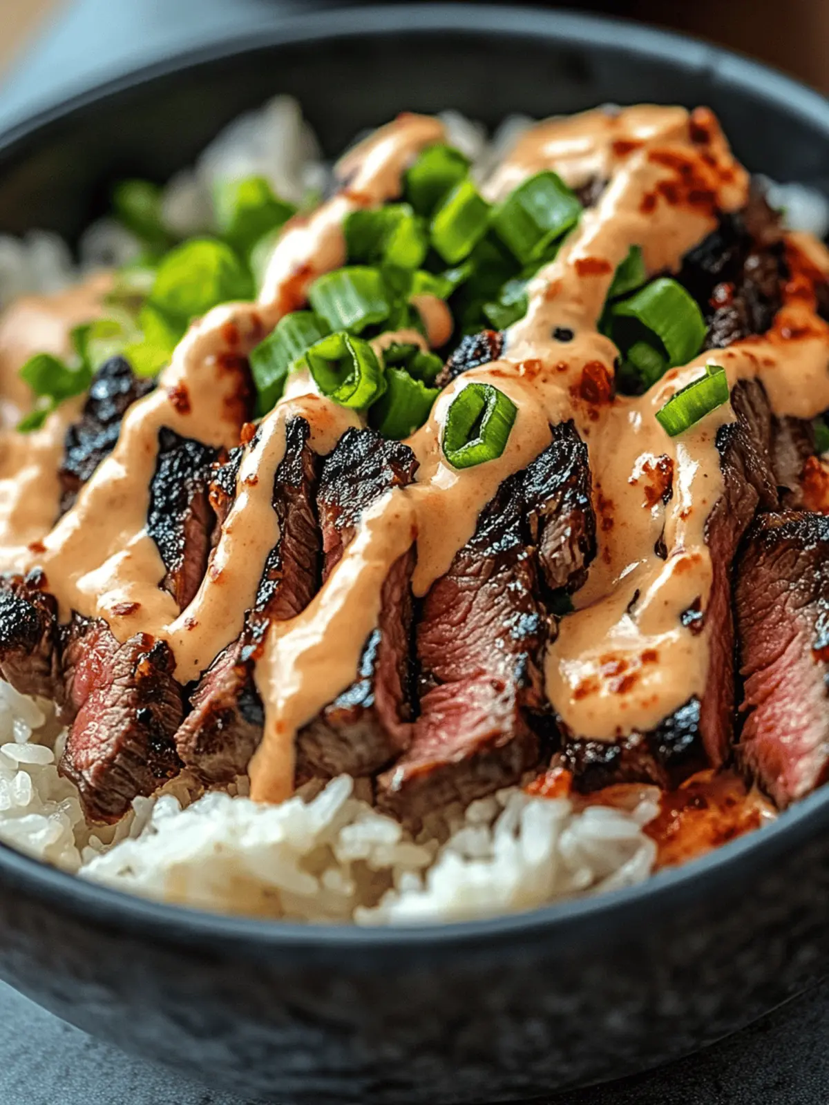 Korean BBQ Steak Rice Bowls with Spicy Cream Sauce