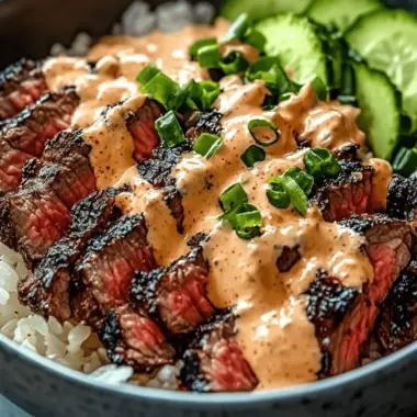Korean BBQ Steak Rice Bowls with Spicy Cream Sauce