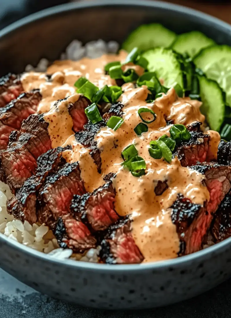 Korean BBQ Steak Rice Bowls with Spicy Cream Sauce