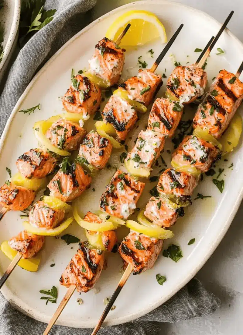 Grilled Salmon Skewers with Lemon Garlic Marinade