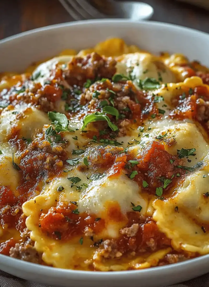 Cheesy Pizza Ravioli Bake