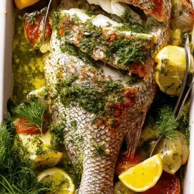 Whole Baked Fish – Snapper with Garlic & Dill Butter Sauce