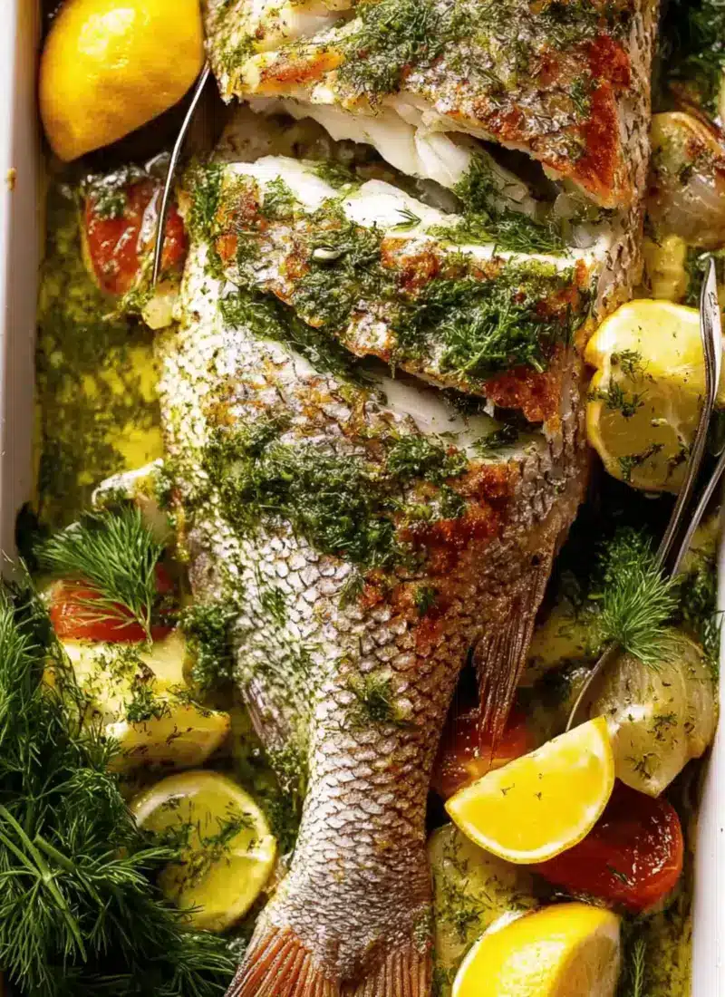 Whole Baked Fish – Snapper with Garlic & Dill Butter Sauce