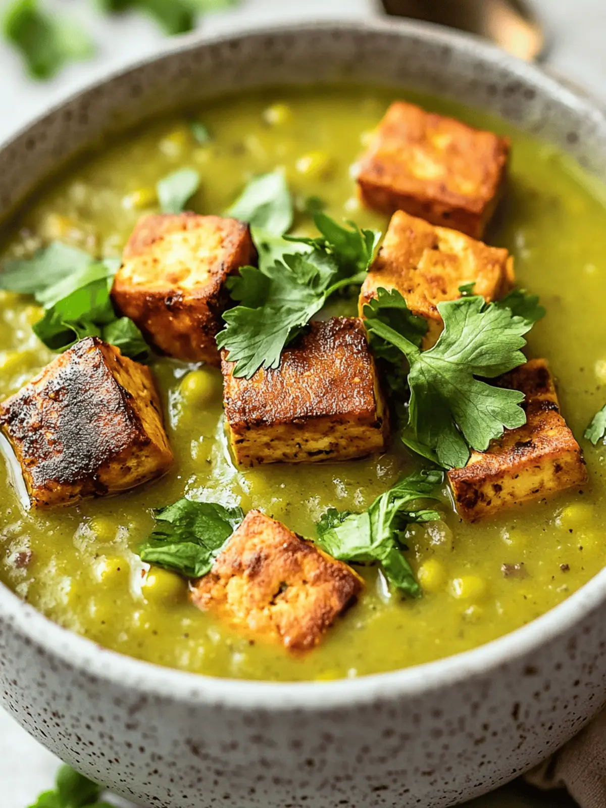 Vegan Split Pea Soup with Smoky Baked Tofu