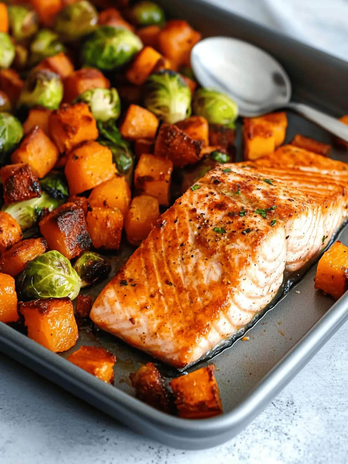 Sheet Pan Salmon and Veggies with Butternut Squash and Brussels Sprouts