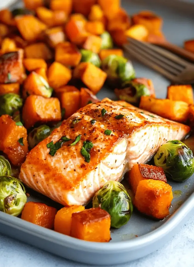 Sheet Pan Salmon and Veggies with Butternut Squash and Brussels Sprouts
