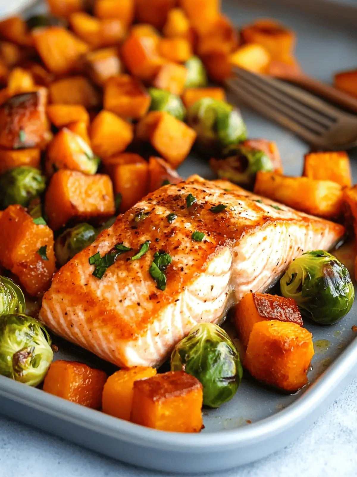 Sheet Pan Salmon and Veggies with Butternut Squash and Brussels Sprouts
