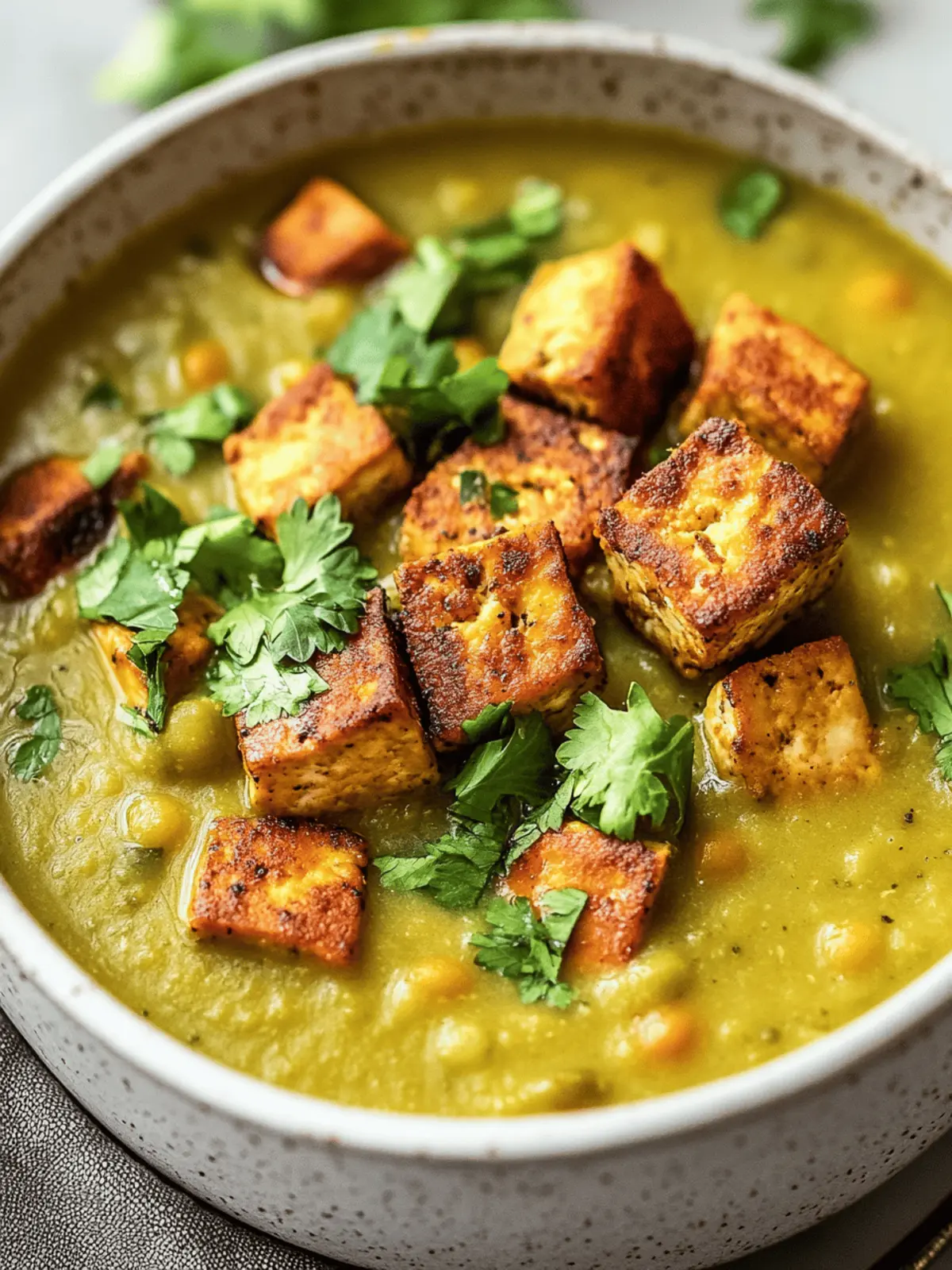 Vegan Split Pea Soup with Smoky Baked Tofu