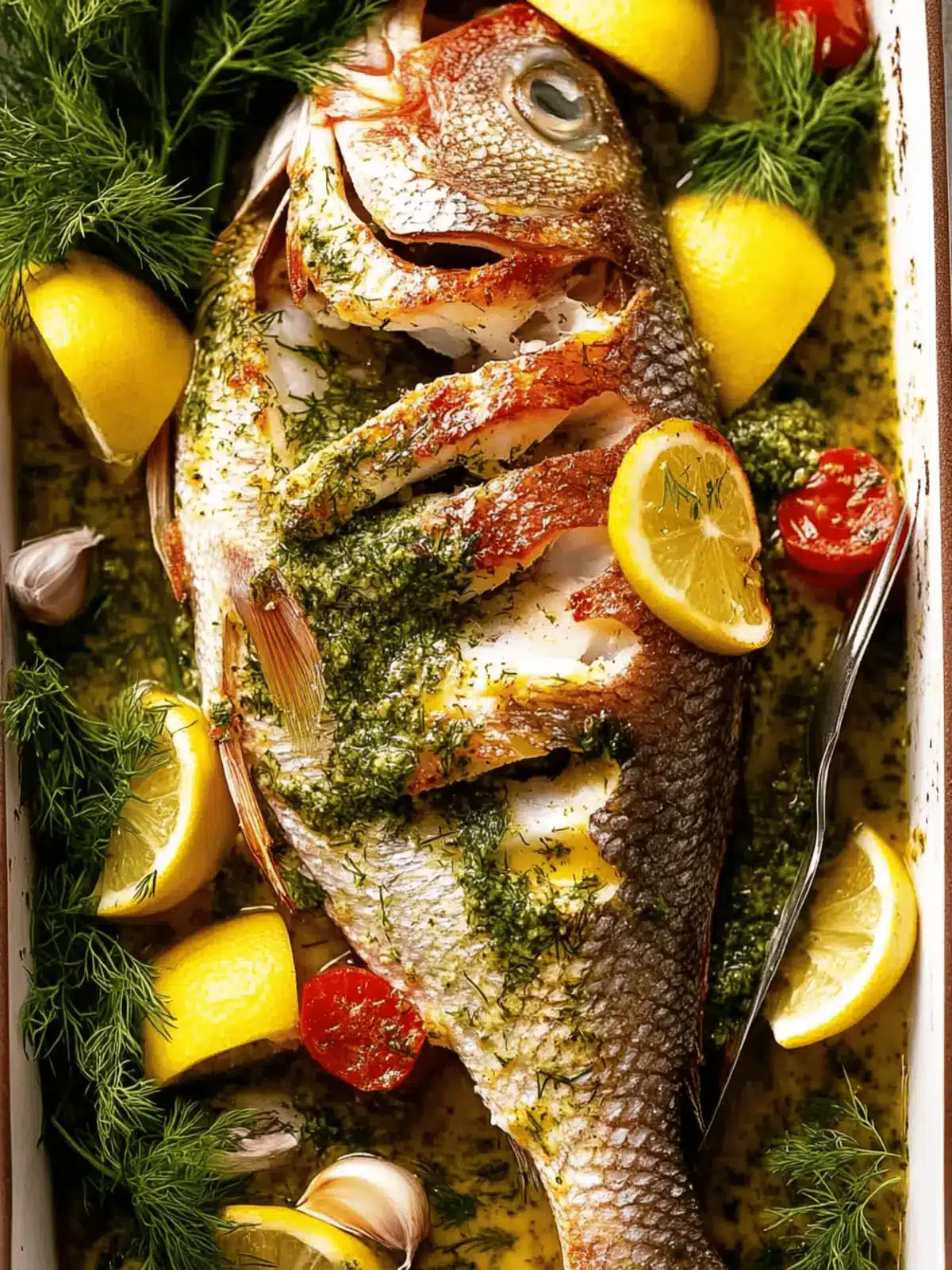 Whole Baked Fish – Snapper with Garlic & Dill Butter Sauce