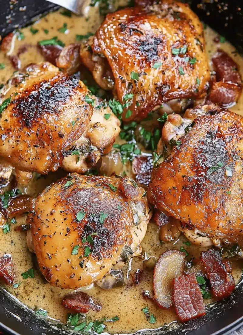 Keto Bacon Chicken Thighs With Garlic Cream Sauce