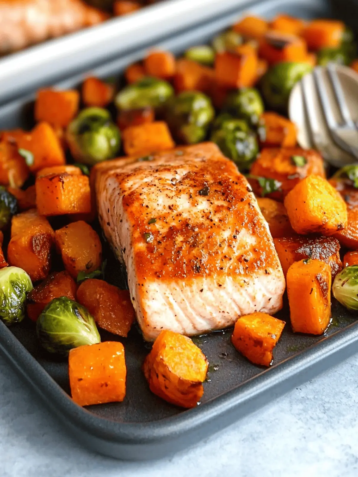 Sheet Pan Salmon and Veggies with Butternut Squash and Brussels Sprouts