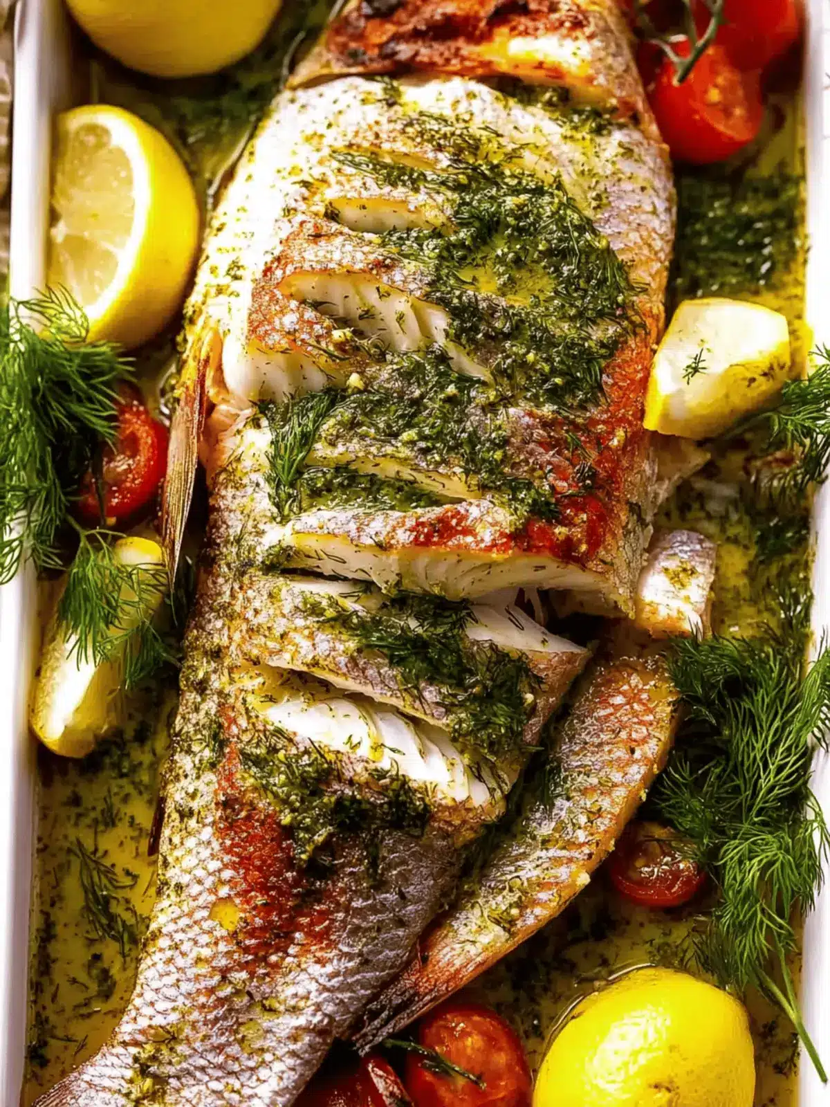 Whole Baked Fish – Snapper with Garlic & Dill Butter Sauce