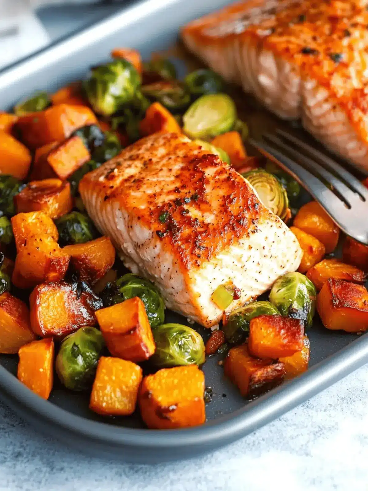 Sheet Pan Salmon and Veggies with Butternut Squash and Brussels Sprouts