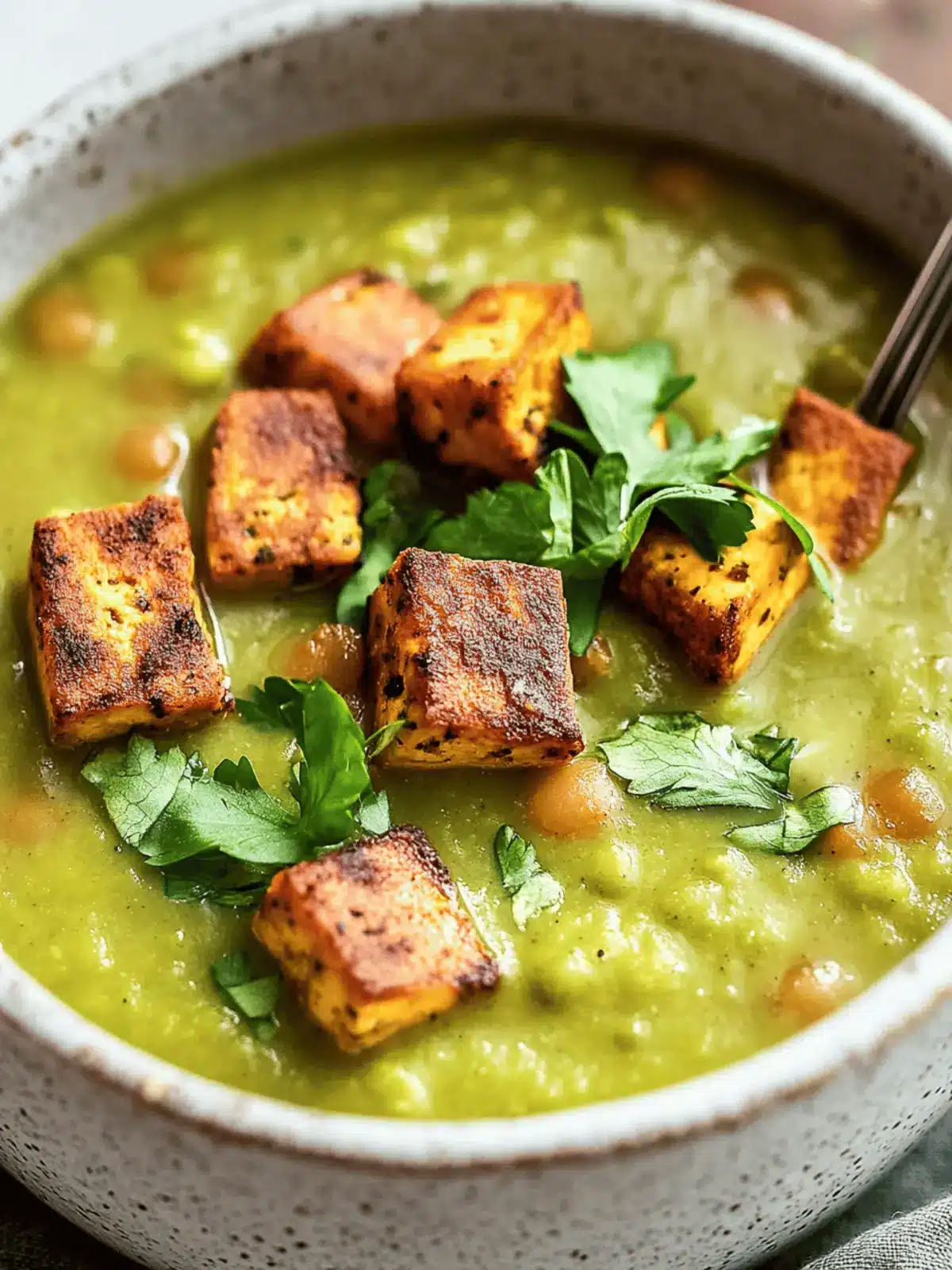 Vegan Split Pea Soup with Smoky Baked Tofu