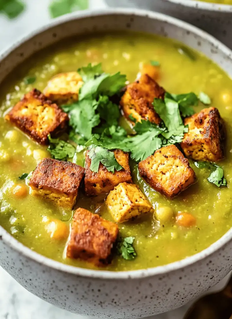 Vegan Split Pea Soup with Smoky Baked Tofu