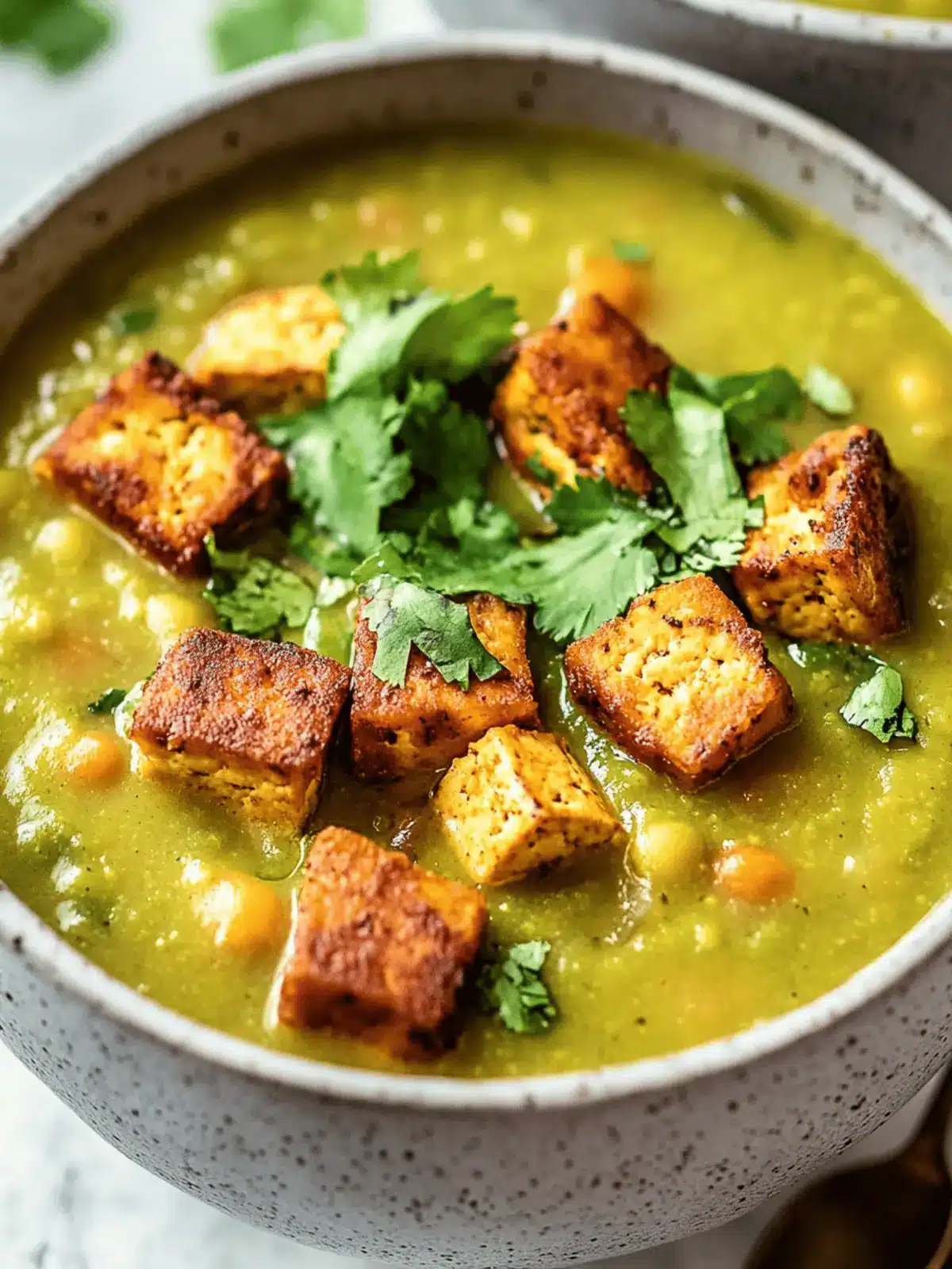 Vegan Split Pea Soup with Smoky Baked Tofu