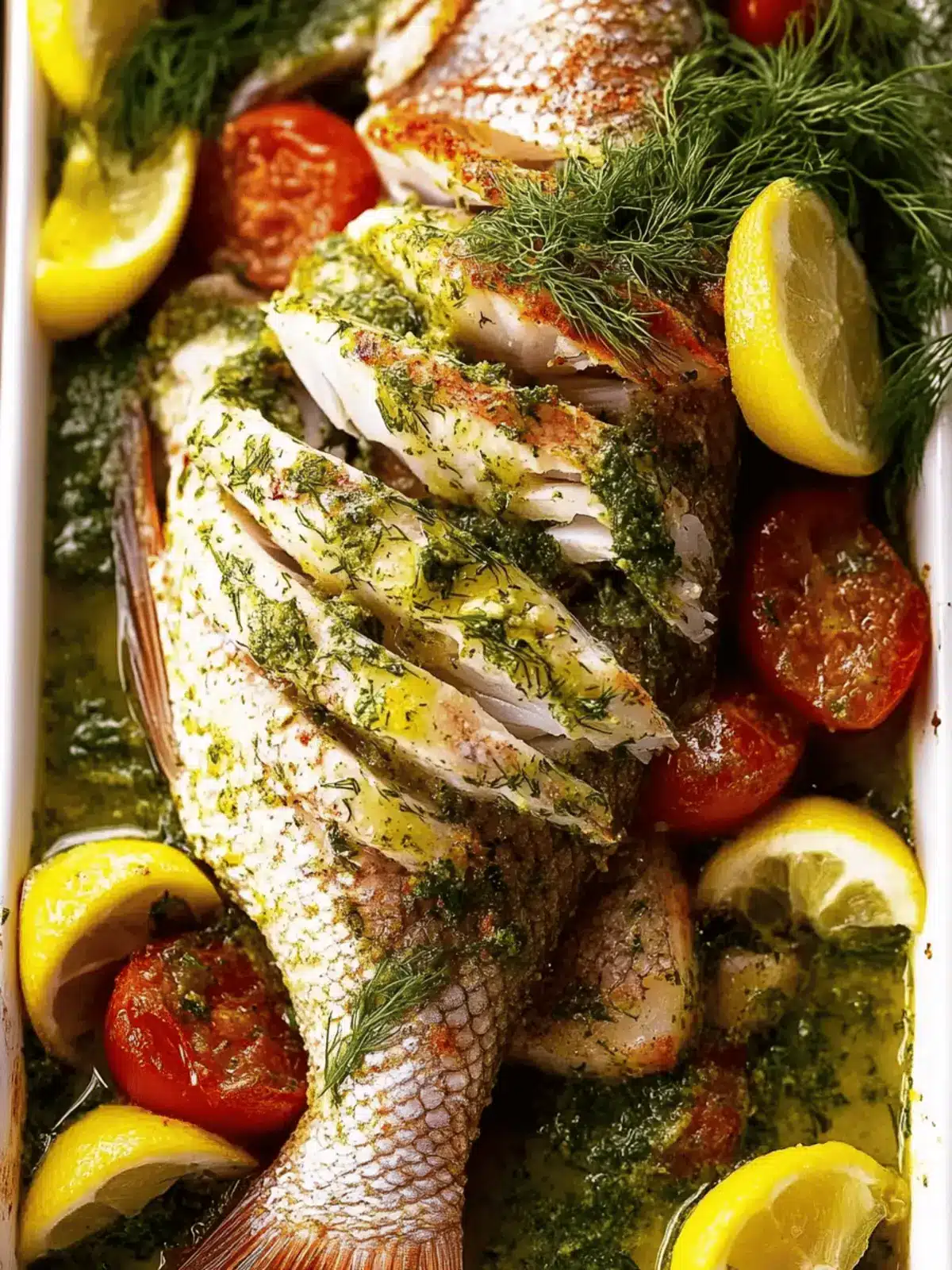 Whole Baked Fish – Snapper with Garlic & Dill Butter Sauce