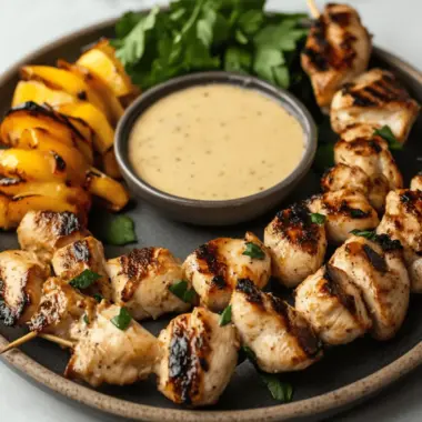 Apple Cider Chicken Skewers with Gouda Sauce