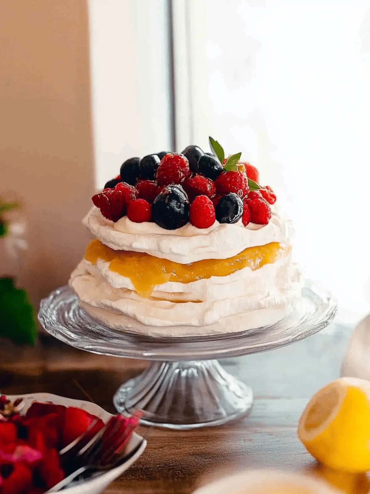 Passion Fruit Lemon Curd Stacked Pavlova Cake