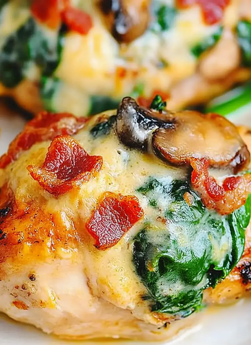 Smothered Chicken with Creamed Spinach, Bacon, Mushrooms