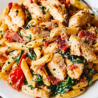 Creamy Chicken and Bacon Pasta with Spinach and Tomatoes Delight 9 Chicken and Bacon Pasta with Spinach and Tomatoes in Garlic Cream Sauce