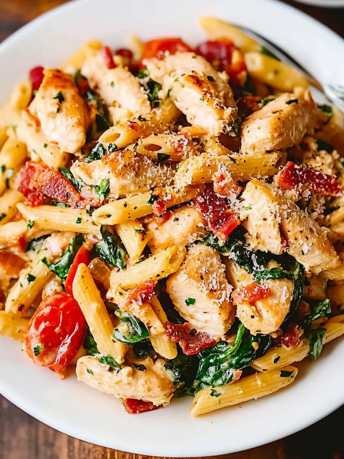 Creamy Chicken and Bacon Pasta with Spinach and Tomatoes Delight 5 Chicken and Bacon Pasta with Spinach and Tomatoes in Garlic Cream Sauce
