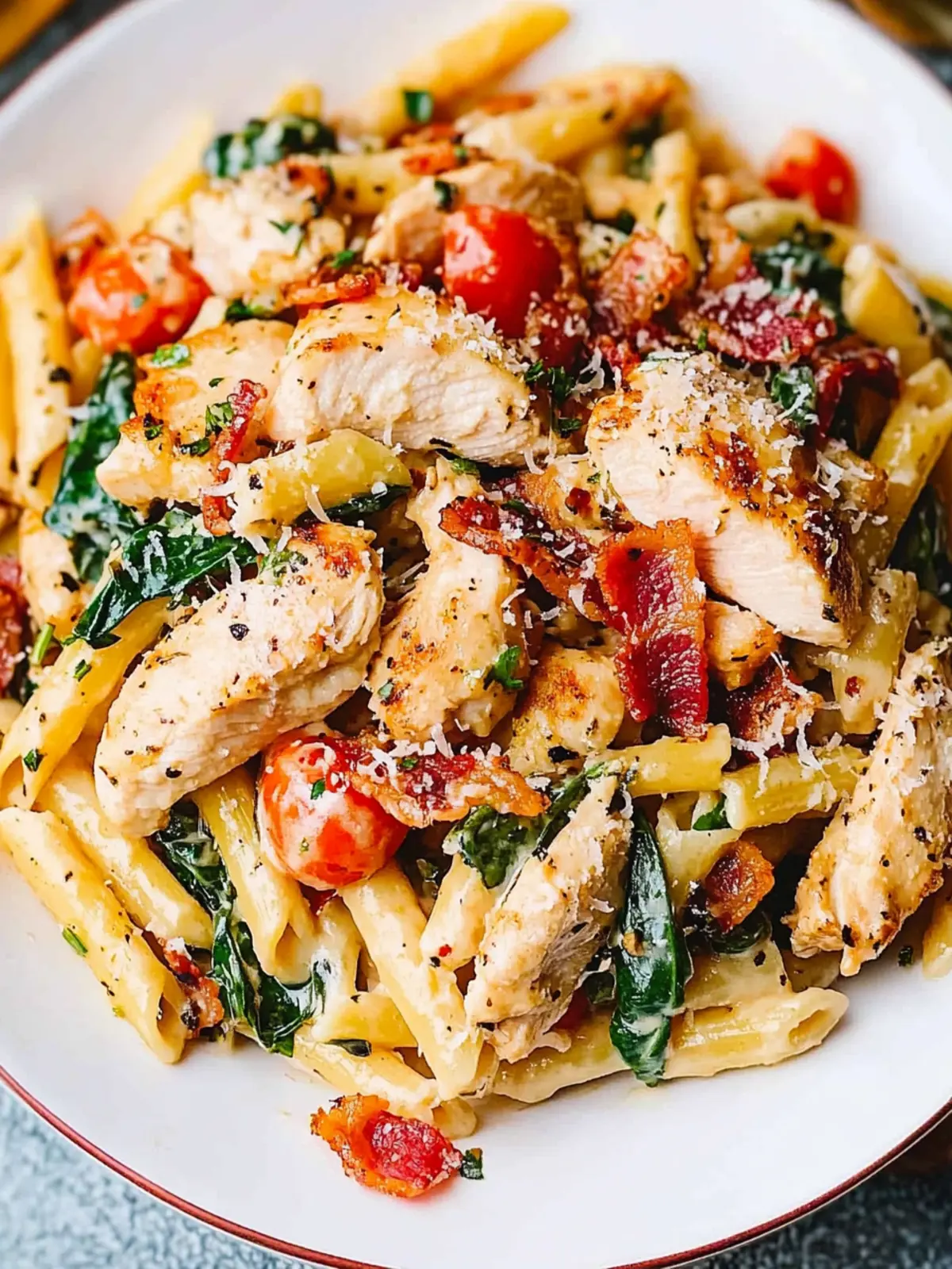 Creamy Chicken and Bacon Pasta with Spinach and Tomatoes Delight 4 Chicken and Bacon Pasta with Spinach and Tomatoes in Garlic Cream Sauce
