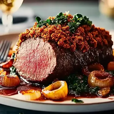 Ale-Glazed Beef Fillet with Crispy Onion Crust for Festive Joy 10 Ale-glazed beef fillet with a crispy onion crust