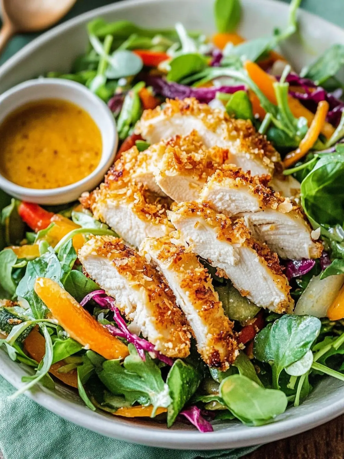 Crispy Coconut Chicken Salad with Warm Honey Mustard Bliss 4 Coconut Chicken Salad with Warm Honey Mustard Vinaigrette