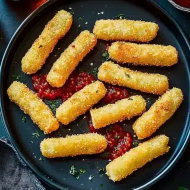 Crispy Mozzarella Sticks with Zesty Chilli Tomato Sauce 9 Mozzarella sticks with chilli tomato sauce