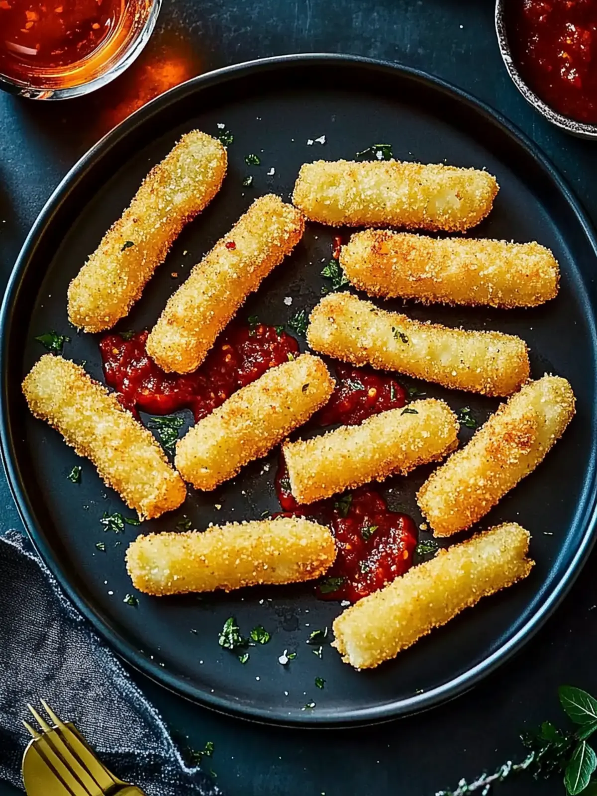Crispy Mozzarella Sticks with Zesty Chilli Tomato Sauce 5 Mozzarella sticks with chilli tomato sauce