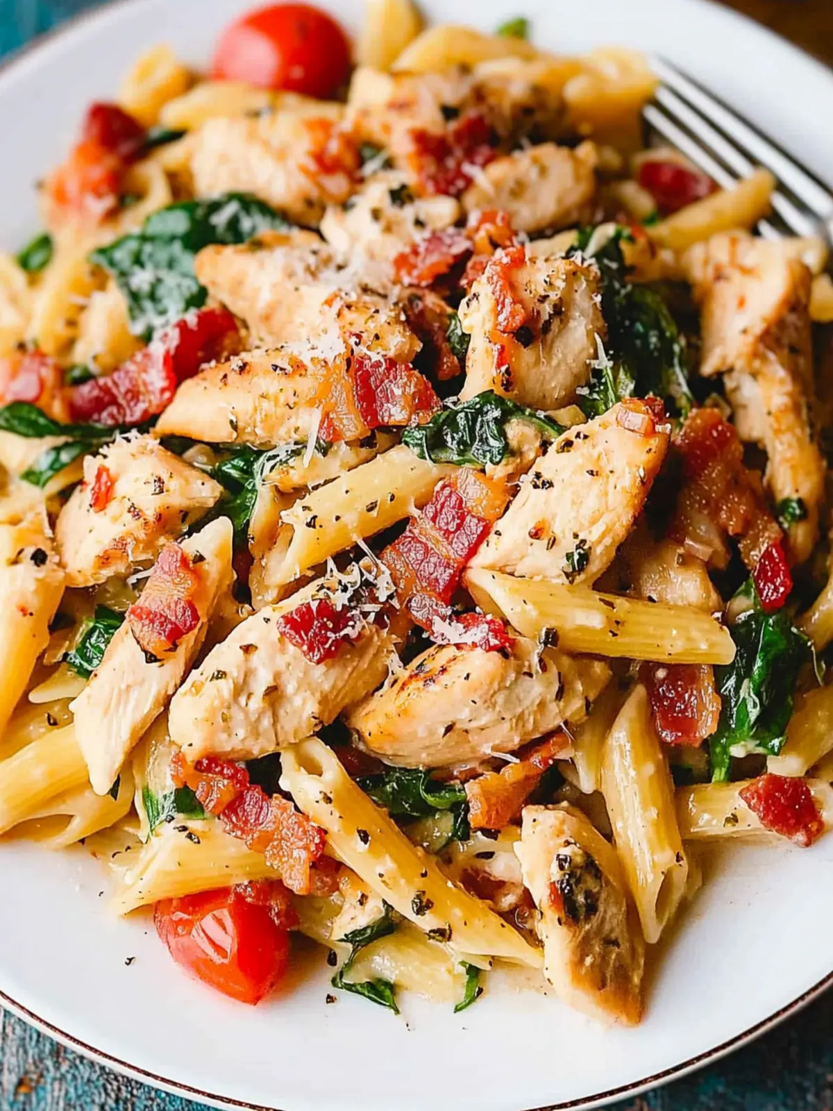 Creamy Chicken and Bacon Pasta with Spinach and Tomatoes Delight 2 Chicken and Bacon Pasta with Spinach and Tomatoes in Garlic Cream Sauce