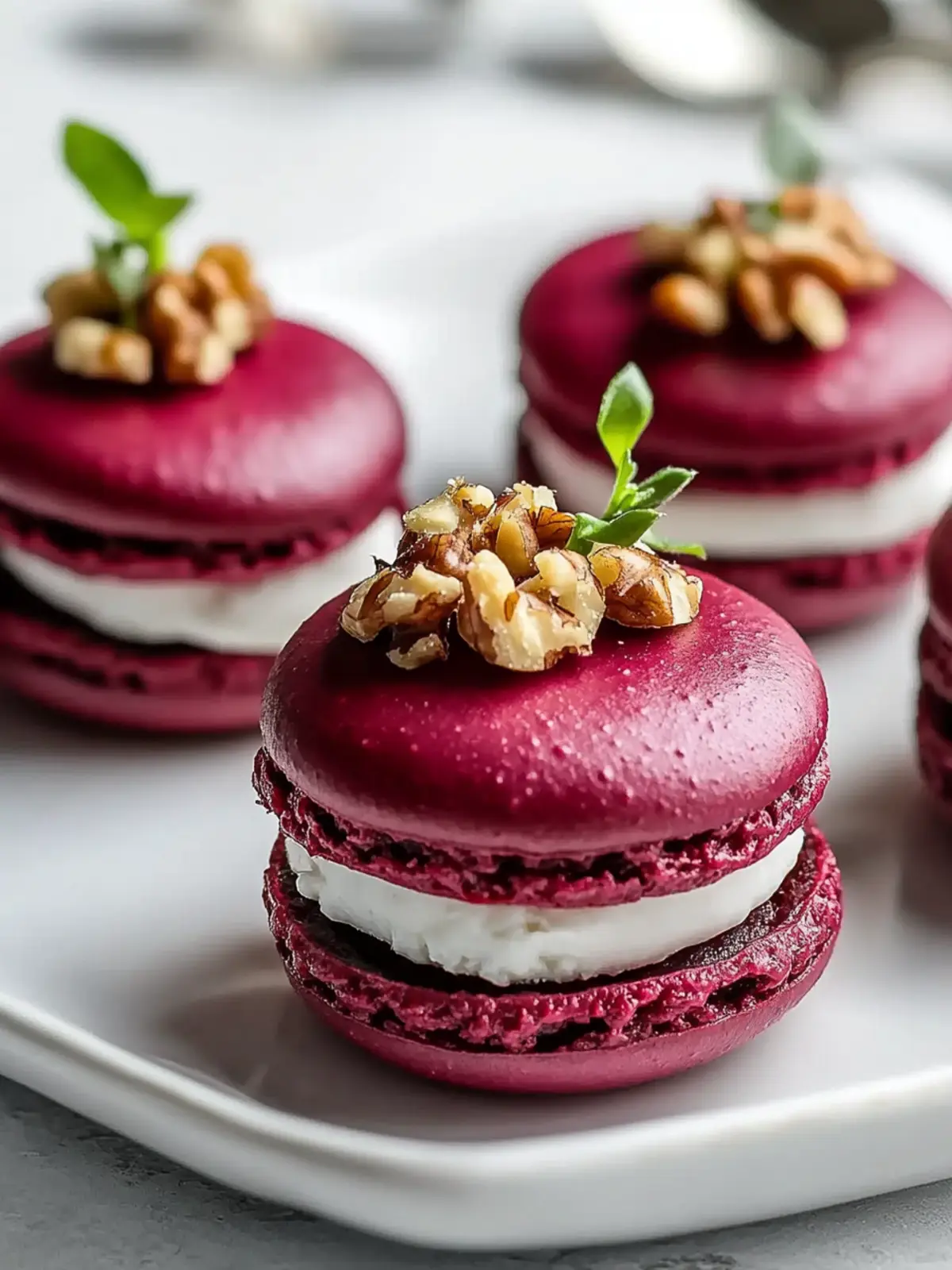 Savory Beet Macarons with Goat Cheese & Walnut Crunch Delight 3 Savory Beet Macarons with Goat Cheese & Walnut Crunch