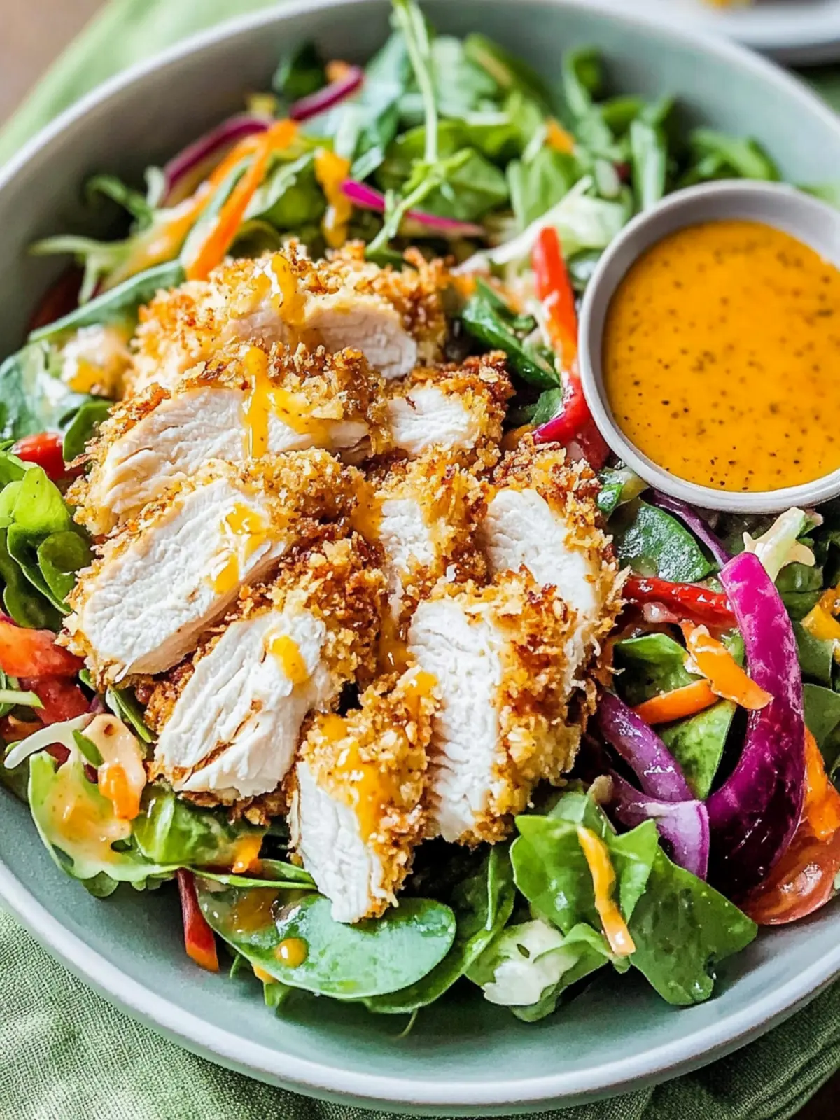 Crispy Coconut Chicken Salad with Warm Honey Mustard Bliss 2 Coconut Chicken Salad with Warm Honey Mustard Vinaigrette