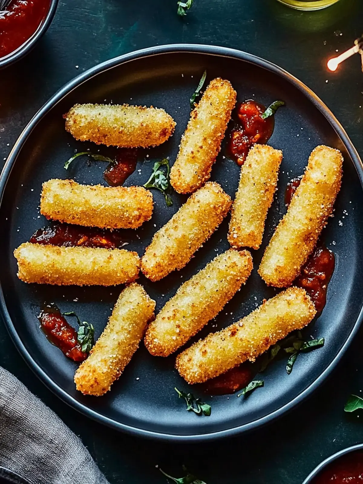 Crispy Mozzarella Sticks with Zesty Chilli Tomato Sauce 4 Mozzarella sticks with chilli tomato sauce