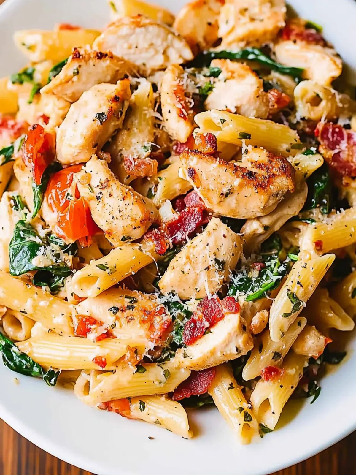 Creamy Chicken and Bacon Pasta with Spinach and Tomatoes Delight 3 Chicken and Bacon Pasta with Spinach and Tomatoes in Garlic Cream Sauce