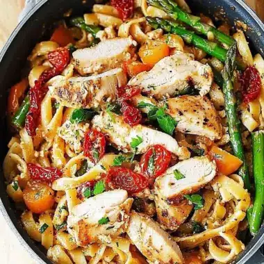 Creamy Chicken and Vegetable Pasta with Bold Summer Flavors 9 Creamy Chicken and Vegetable Pasta with Bell Peppers, Asparagus, and Sun-Dried Tomatoes