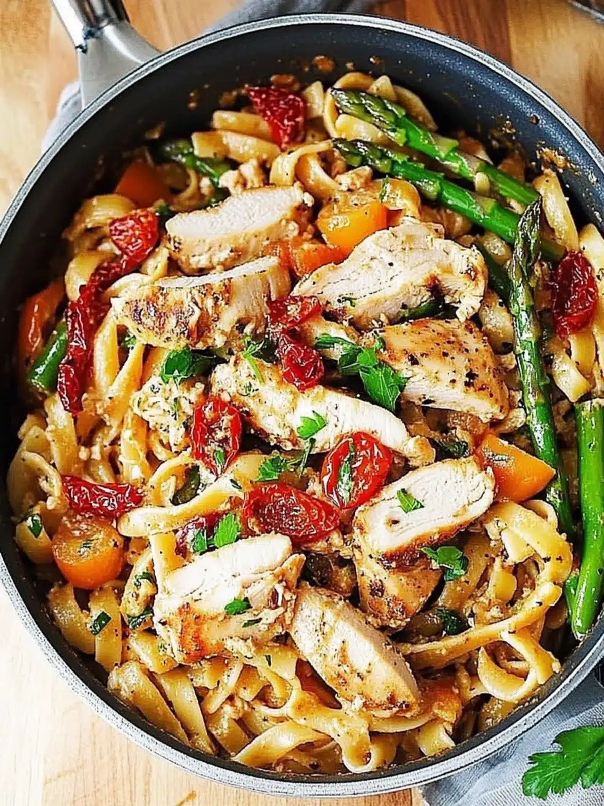 Creamy Chicken and Vegetable Pasta with Bold Summer Flavors 5 Creamy Chicken and Vegetable Pasta with Bell Peppers, Asparagus, and Sun-Dried Tomatoes