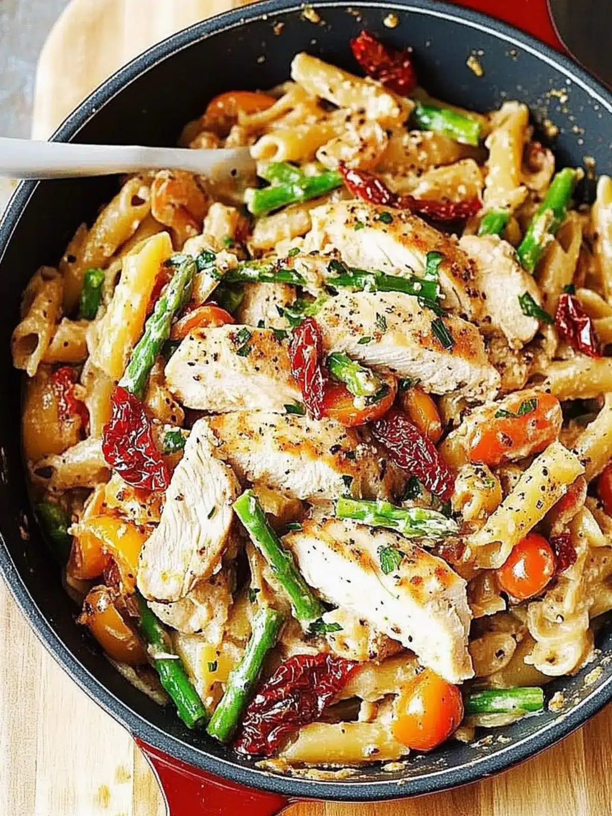 Creamy Chicken and Vegetable Pasta with Bold Summer Flavors 4 Creamy Chicken and Vegetable Pasta with Bell Peppers, Asparagus, and Sun-Dried Tomatoes