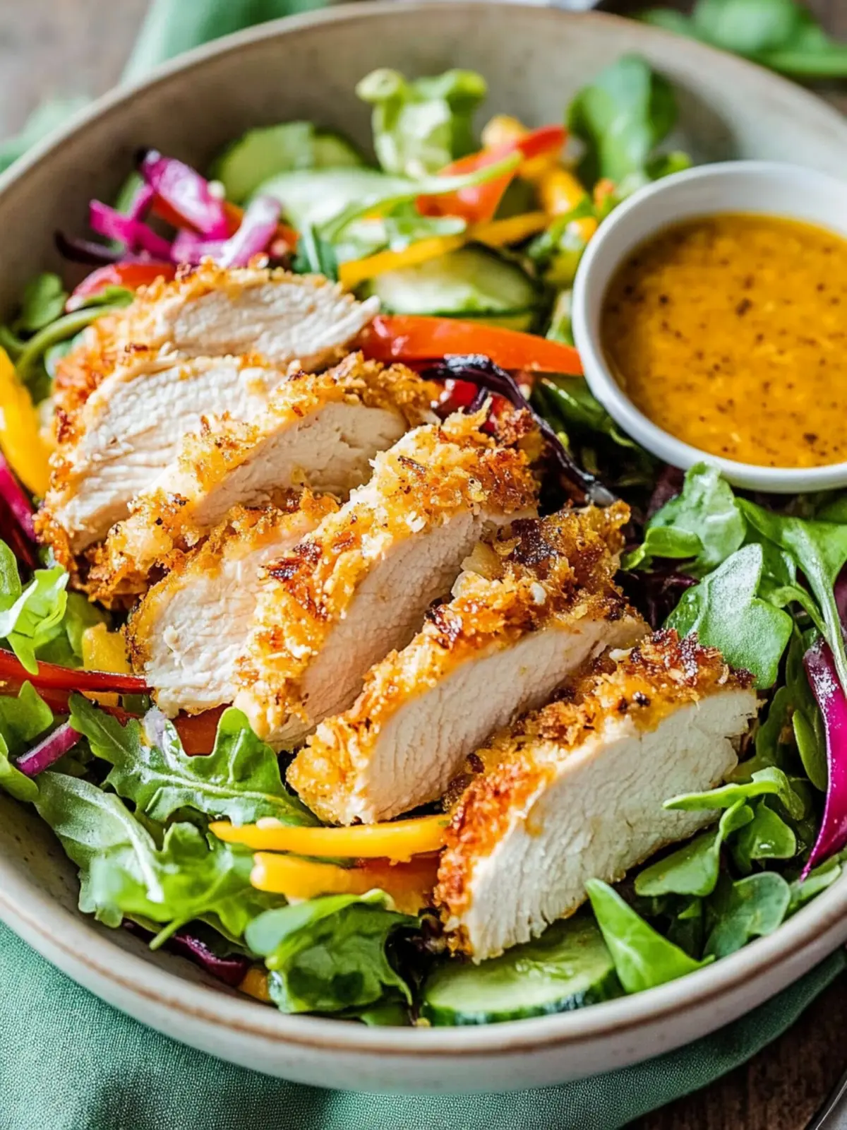 Crispy Coconut Chicken Salad with Warm Honey Mustard Bliss 3 Coconut Chicken Salad with Warm Honey Mustard Vinaigrette