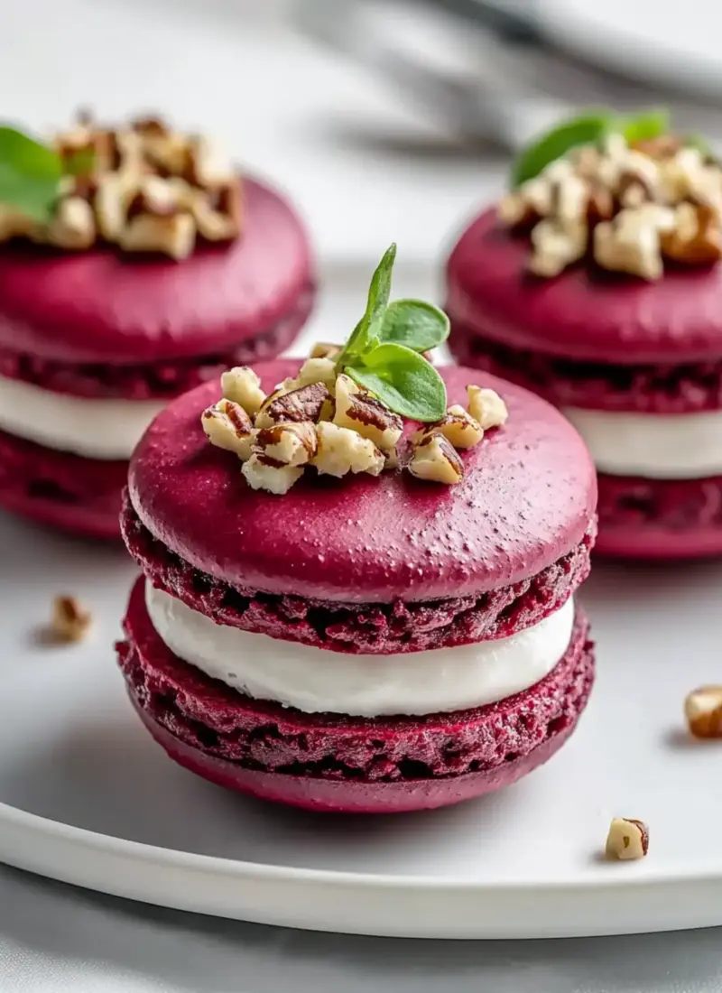 Savory Beet Macarons with Goat Cheese & Walnut Crunch