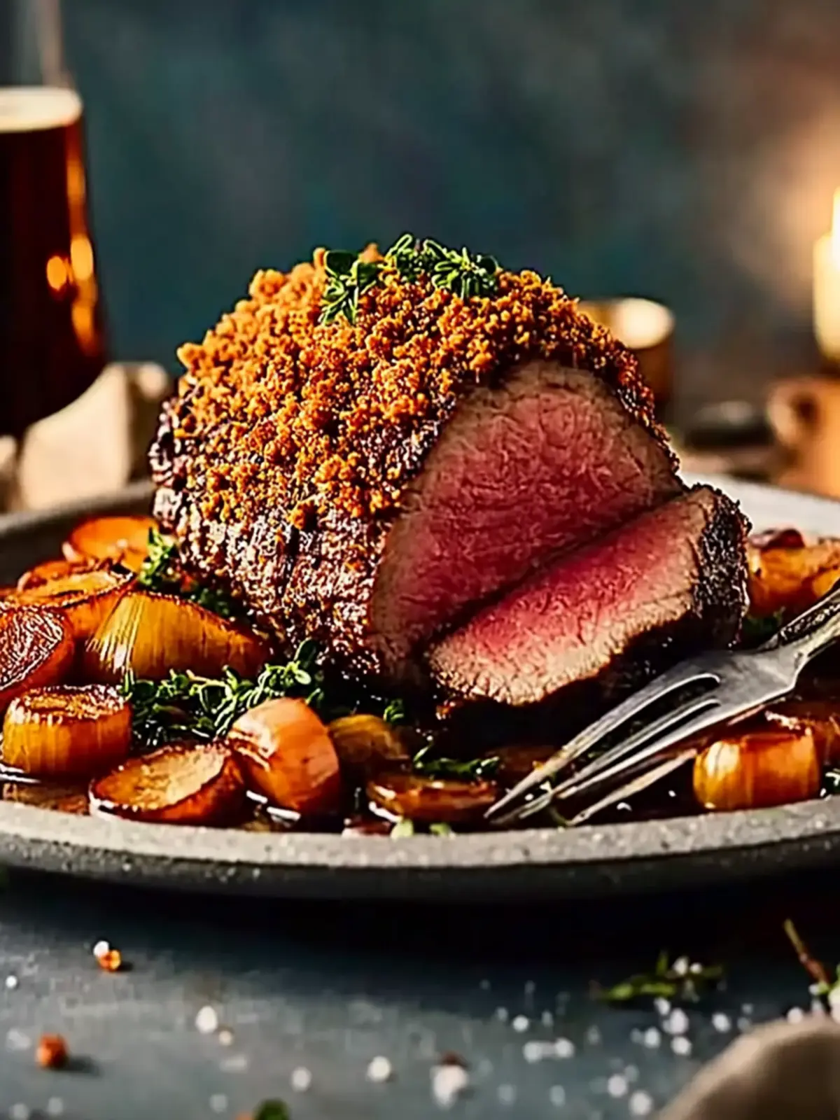 Ale-Glazed Beef Fillet with Crispy Onion Crust for Festive Joy 3 Ale-glazed beef fillet with a crispy onion crust