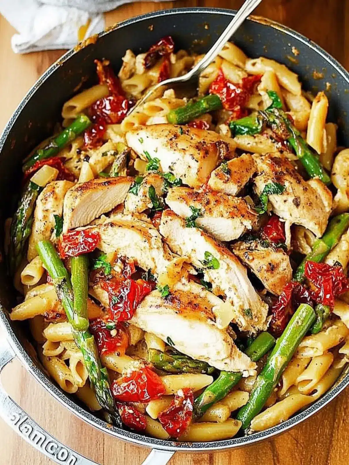 Creamy Chicken and Vegetable Pasta with Bold Summer Flavors 3 Creamy Chicken and Vegetable Pasta with Bell Peppers, Asparagus, and Sun-Dried Tomatoes