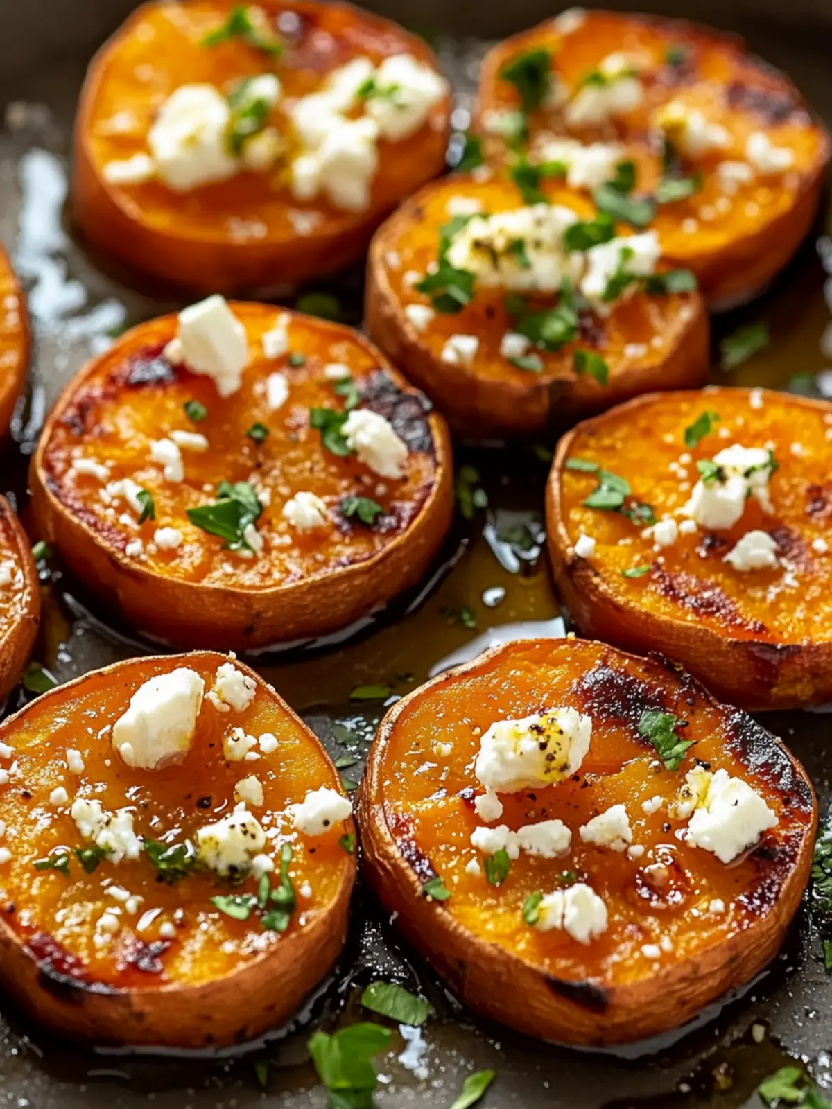 Sweet and Savory Roasted Sweet Potato Rounds with Honey & Feta 5 Roasted Sweet Potato Rounds with Honey & Feta